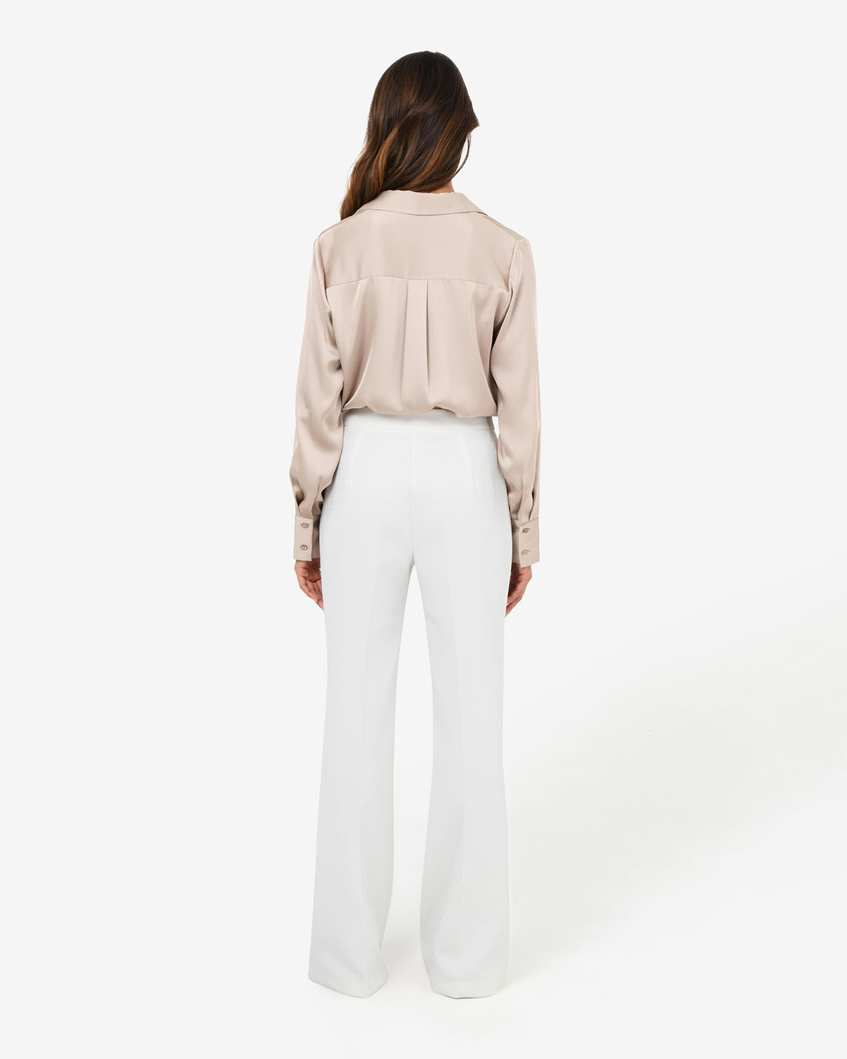 Belmore Crepe Flared Pants in snow — back view