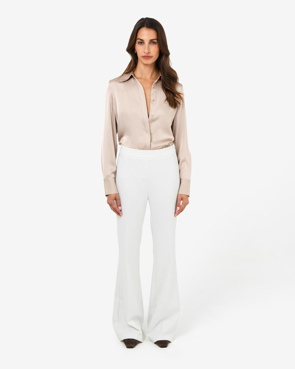 Belmore Crepe Flared Pants in snow — full-length view