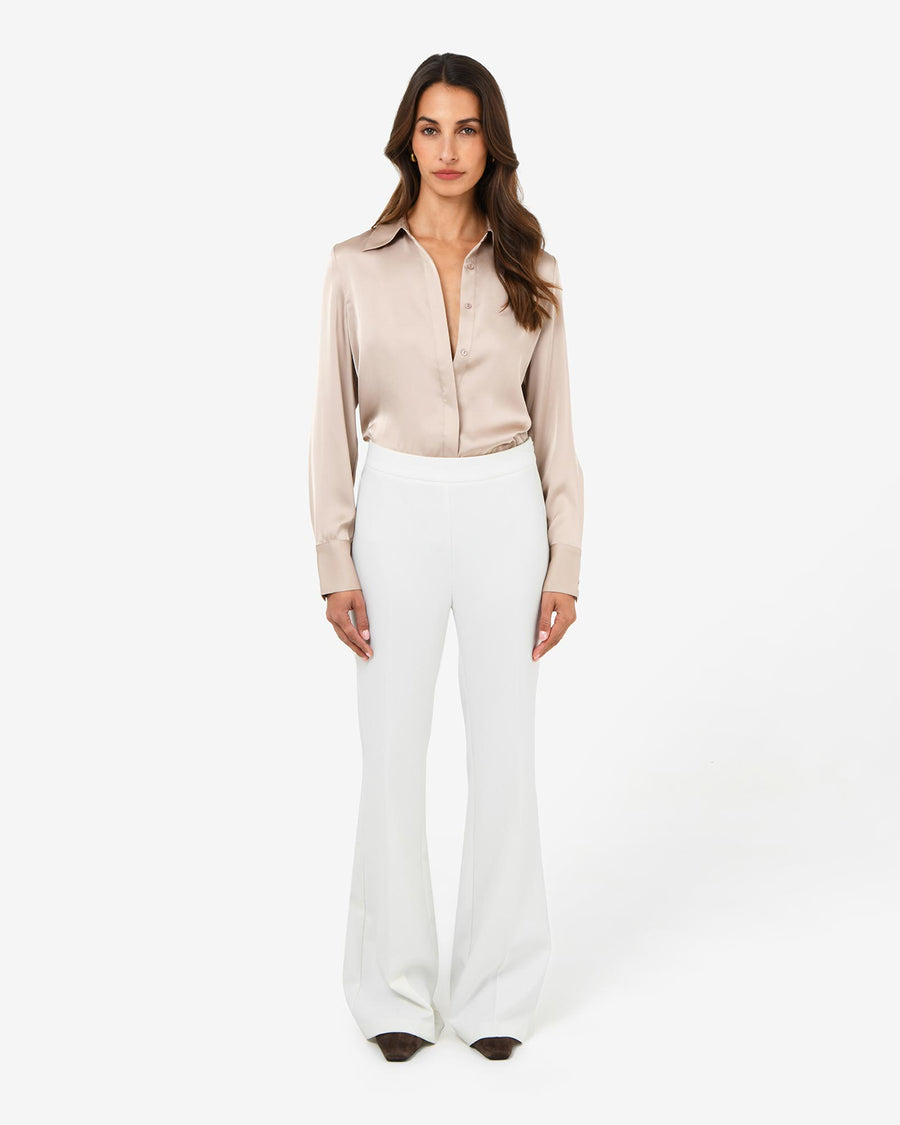 Belmore Crepe Flared Pants in snow — full-length view