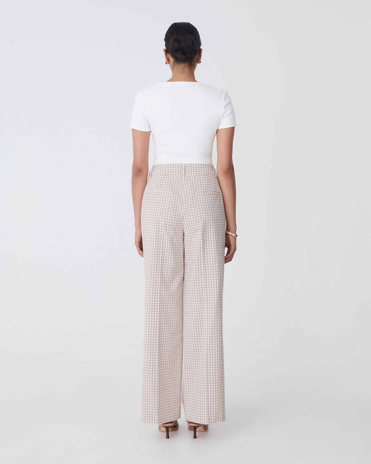 Koora Check Wide Leg Pants in beige check — back view