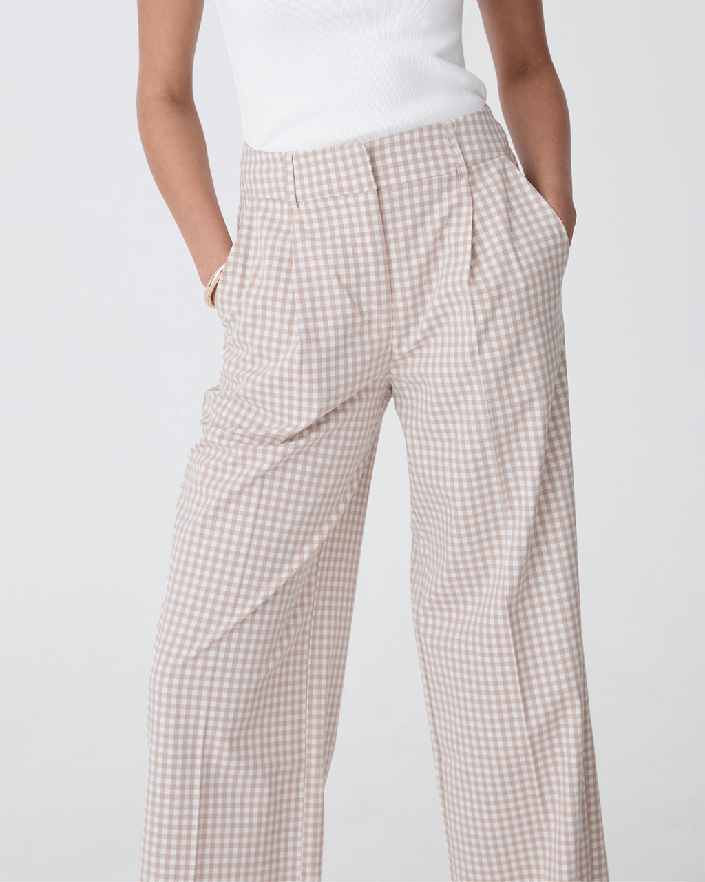 Koora Check Wide Leg Pants in beige check — close-up view