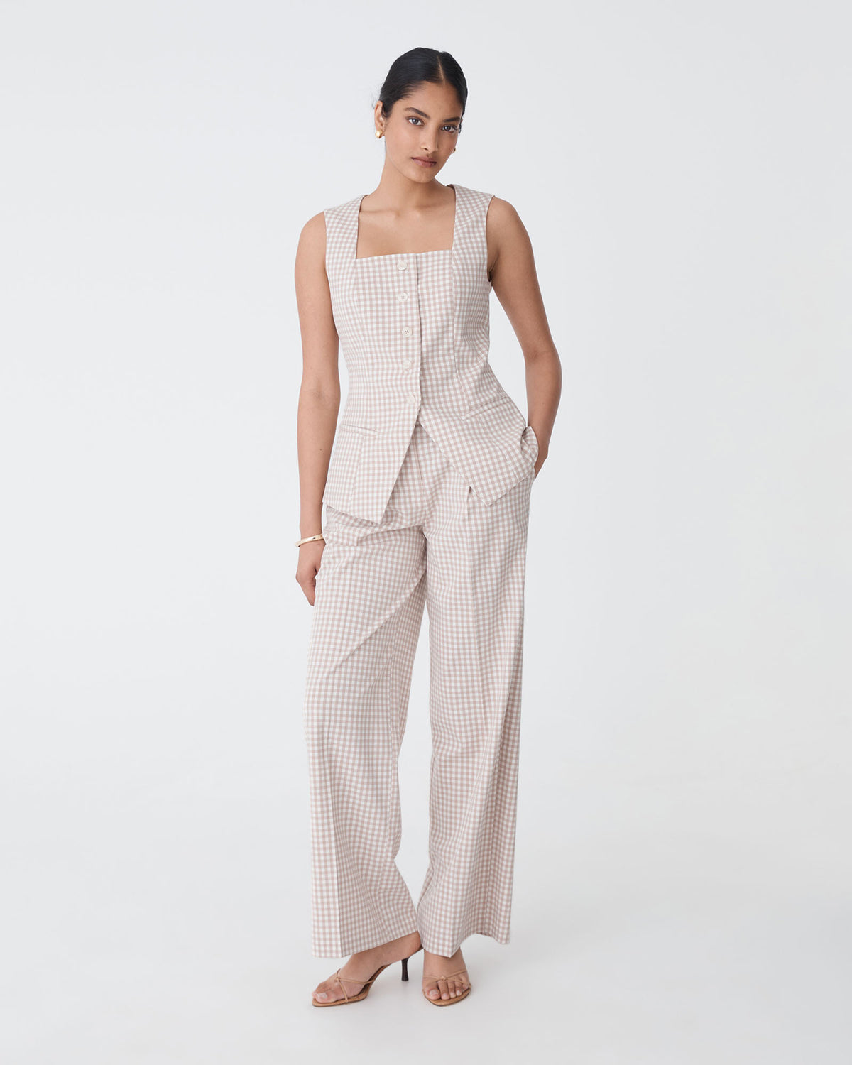 Koora Check Wide Leg Pants in beige check — full-length view 2