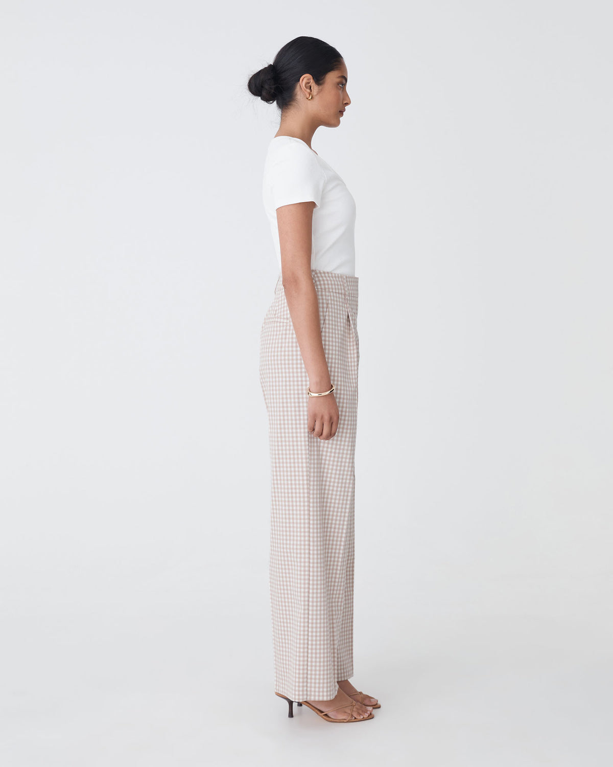 Koora Check Wide Leg Pants in beige check — side view 2