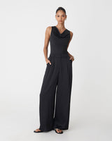 Valeria Wide Leg Satin Pants in black — full-length view