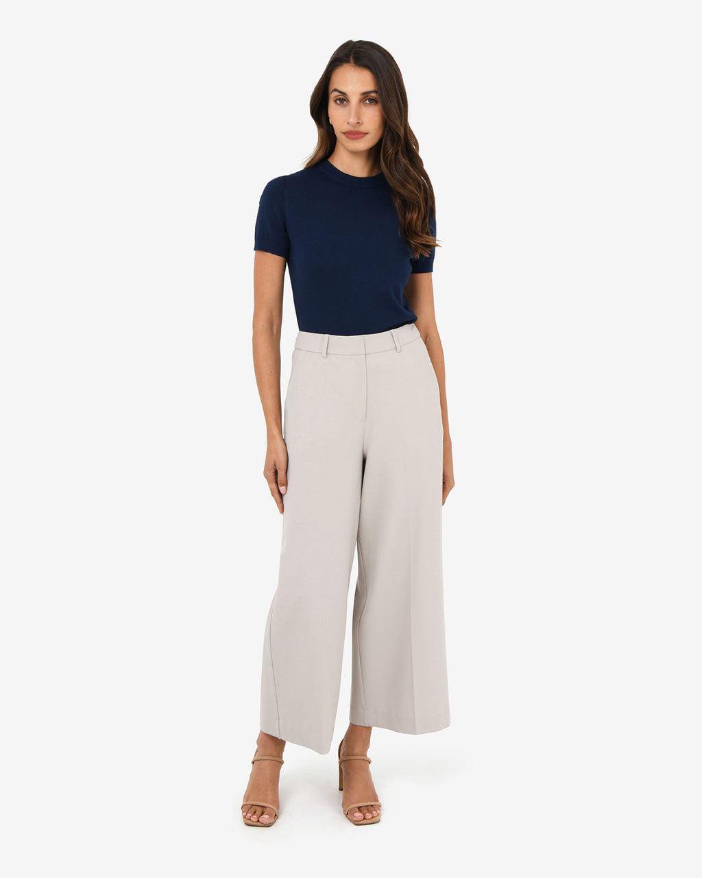 Mallory Herringbone Culottes in dove grey — full-length view