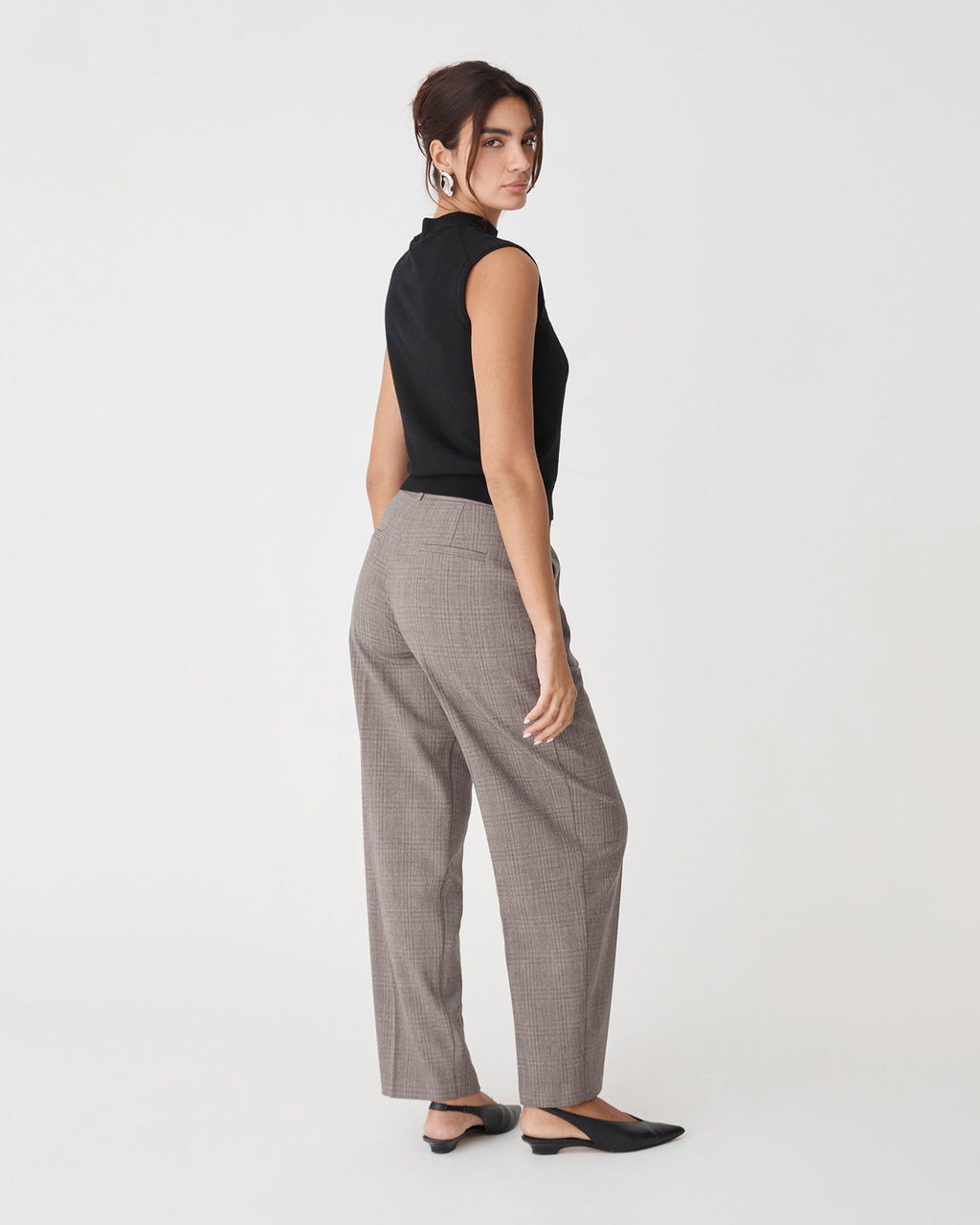 Loretta Pleated Check Pants in latte check — back view
