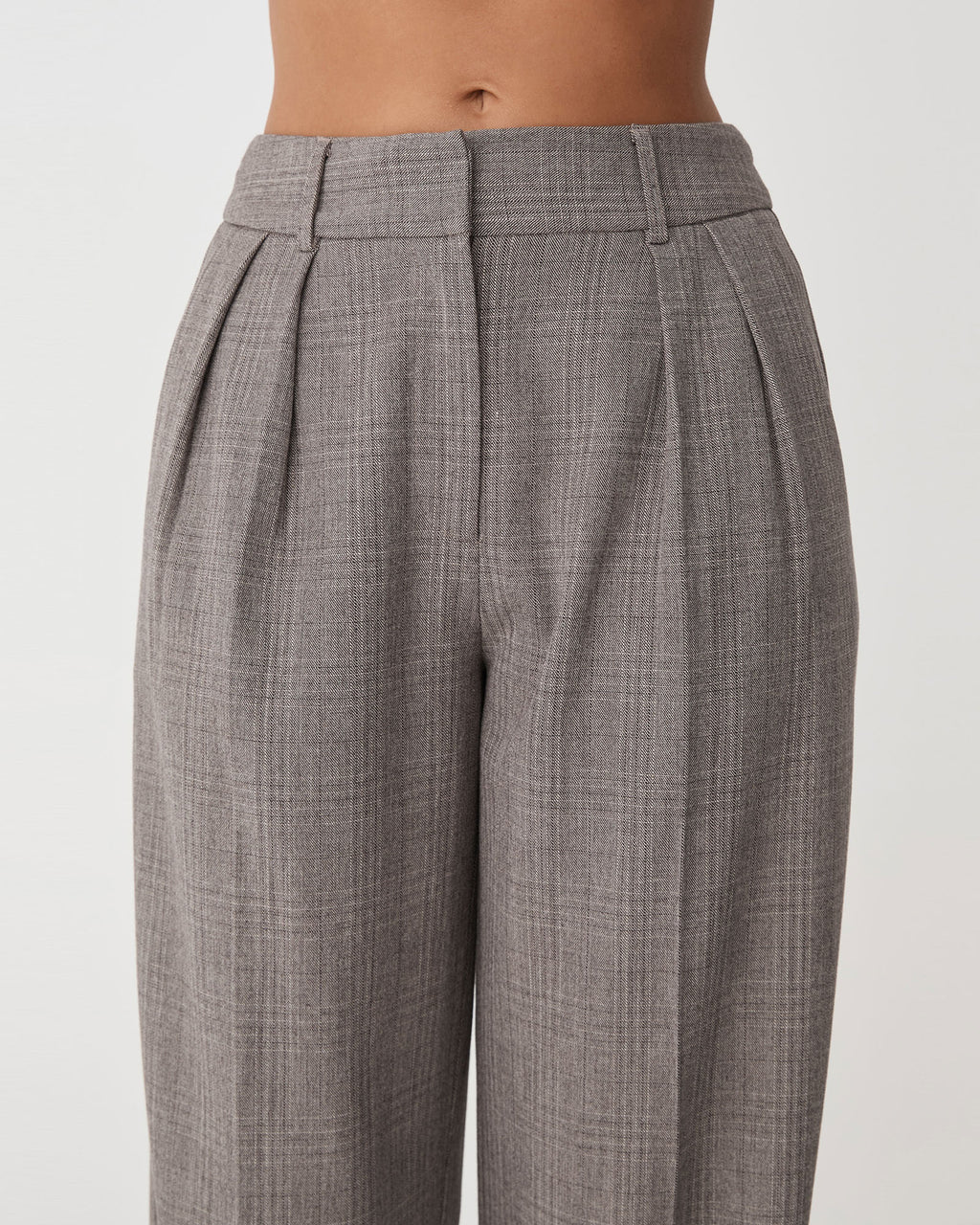 Loretta Pleated Check Pants in latte check — fabric detail