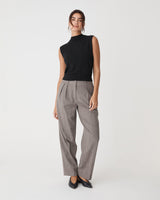 Loretta Pleated Check Pants in latte check — full-length view