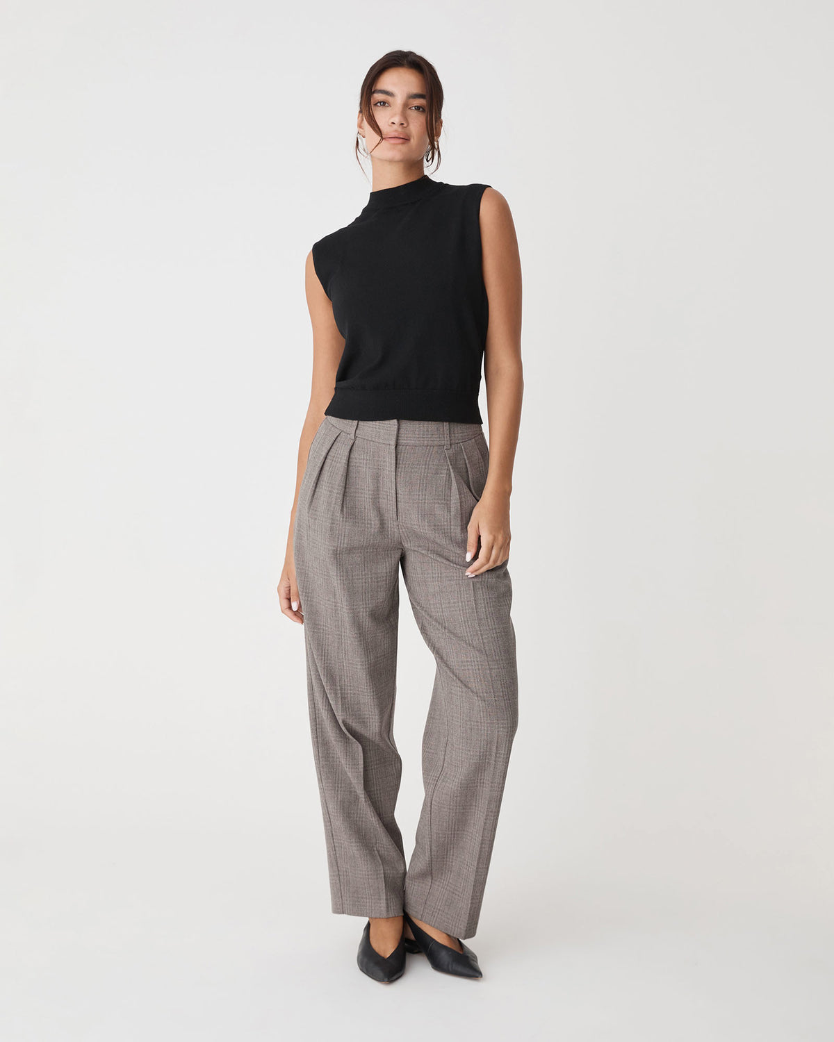 Loretta Pleated Check Pants in latte check — full-length view