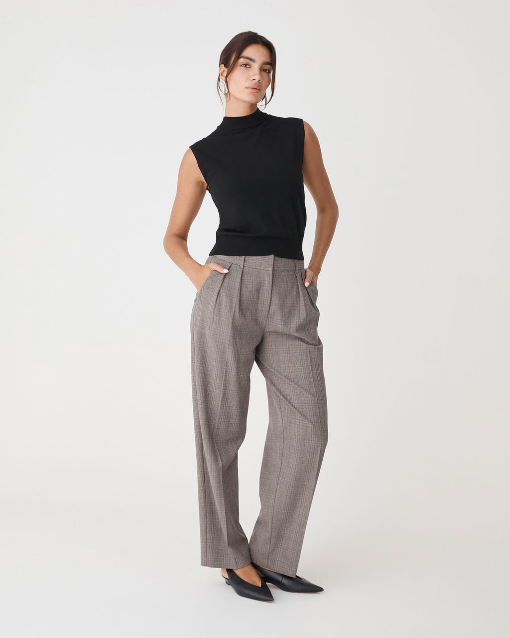 Loretta Pleated Check Pants in latte check — full-length view 2