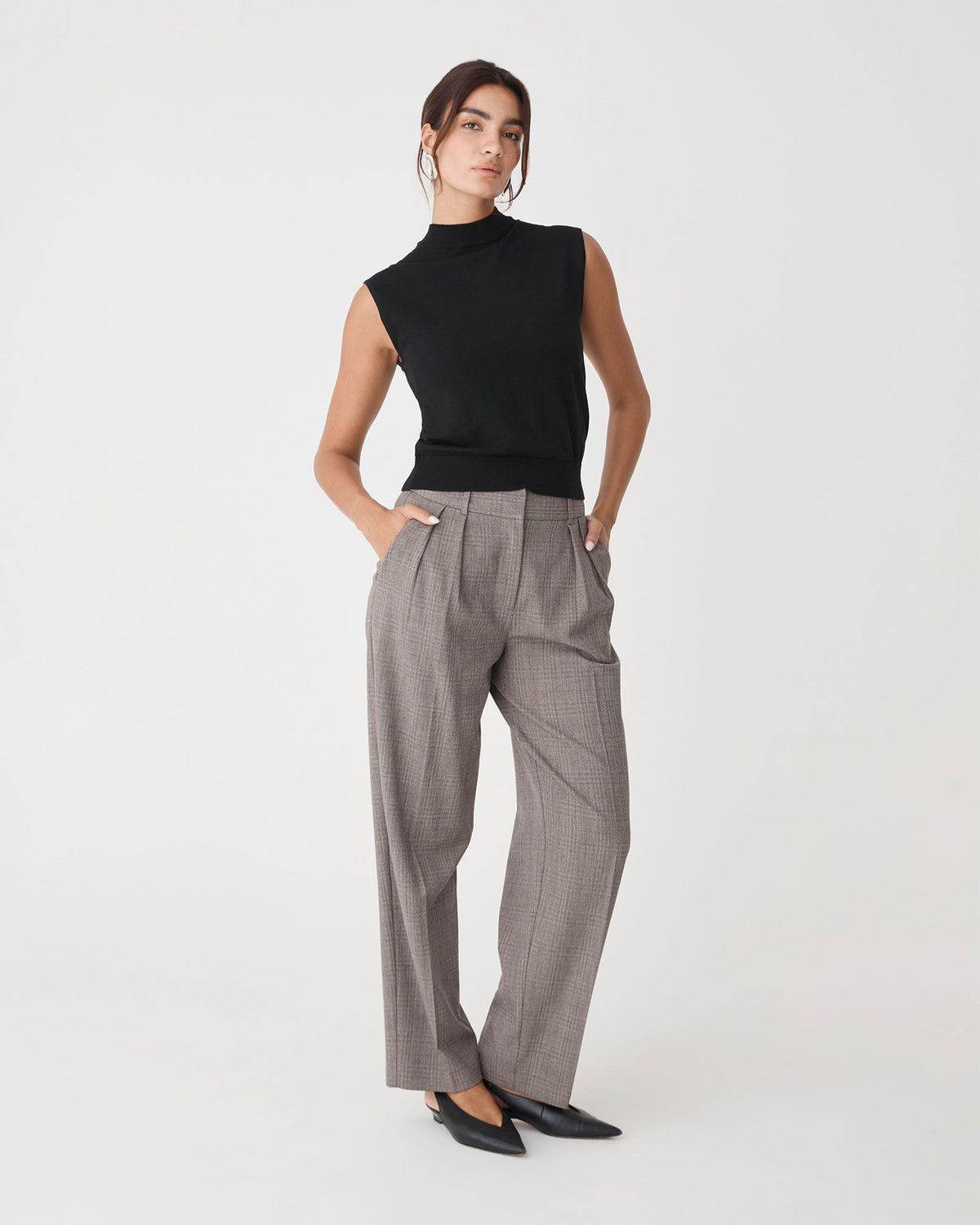 Loretta Pleated Check Pants in latte check — full-length view 2