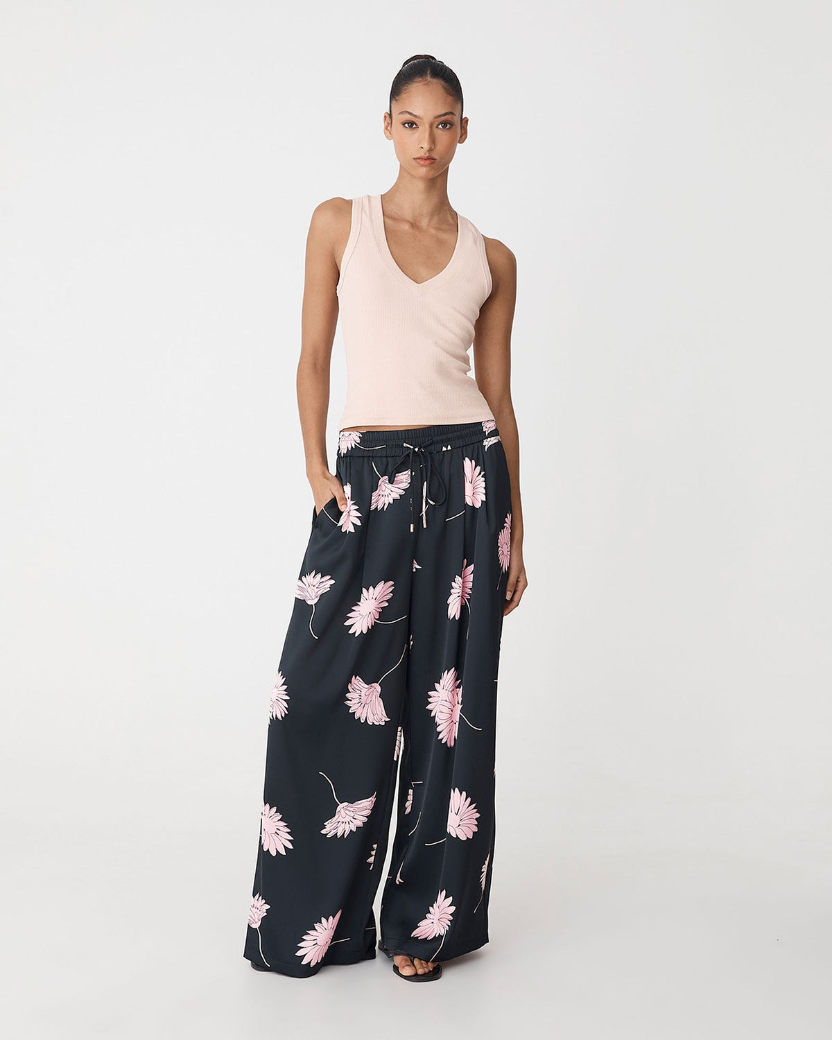 Felicia Satin Elastic pants in black pink — full-length view
