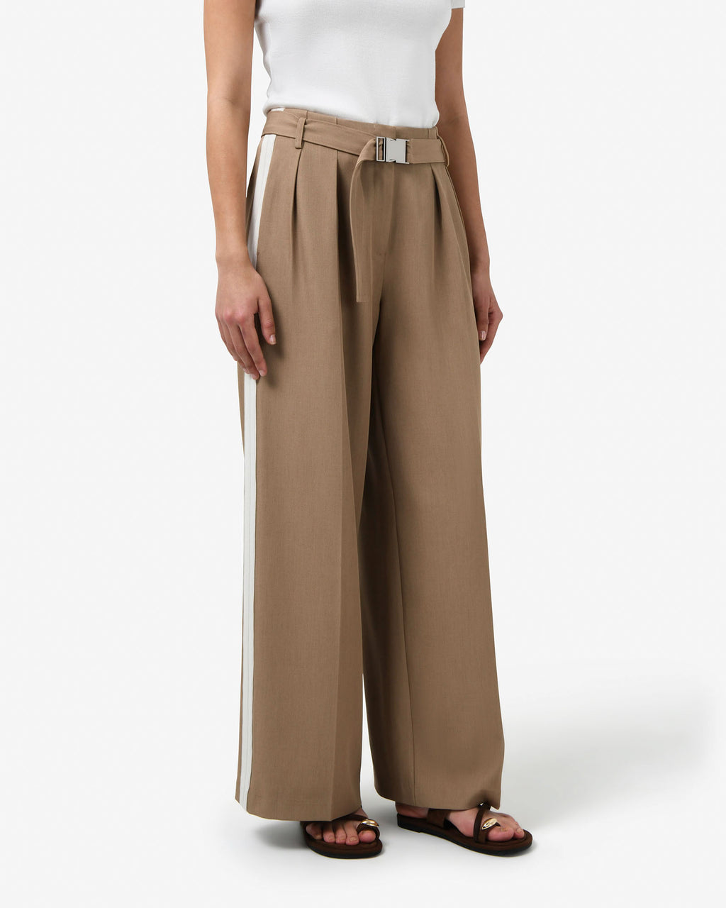 Rowan Belted Contrast Pants in camel — close-up view