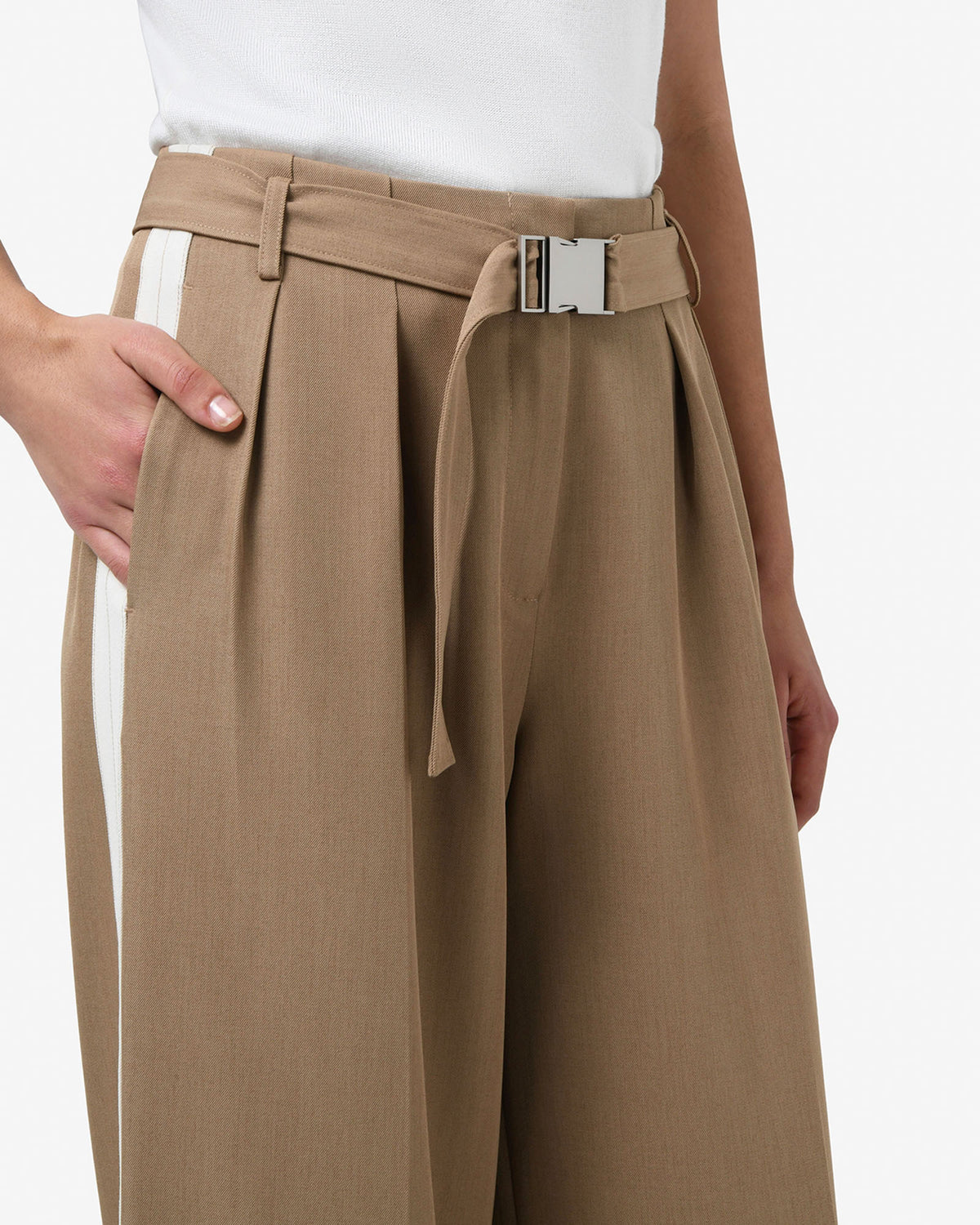 Rowan Belted Contrast Pants in camel — fabric detail