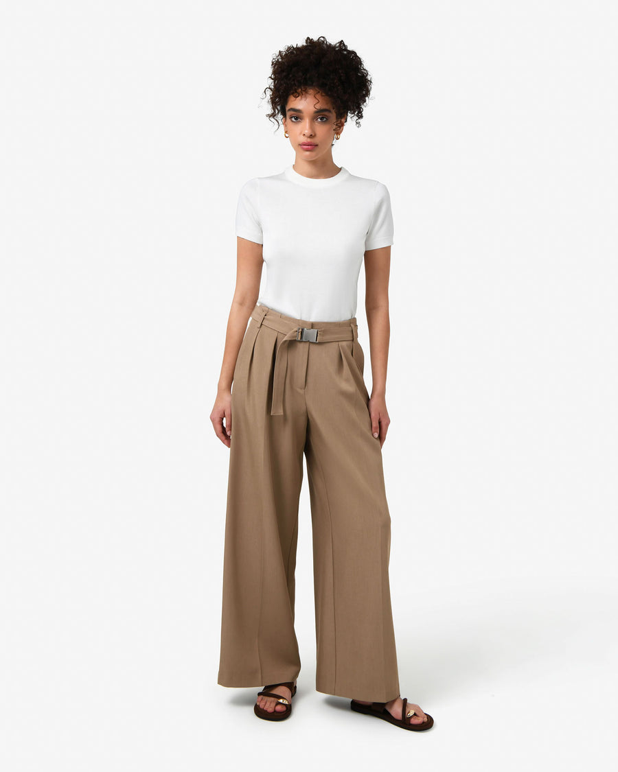 Rowan Belted Contrast Pants in camel — full-length view