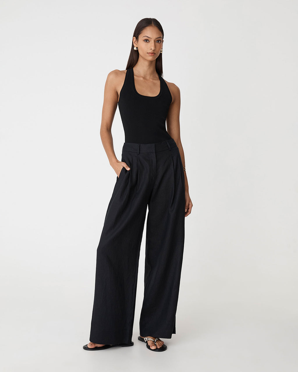 Ami Wide Leg Linen Pants in black — full-length view