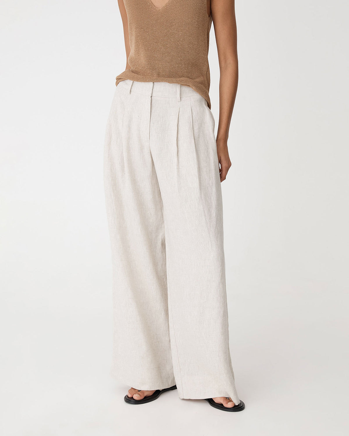 Ami Wide Leg Linen Pants in greige — close-up view