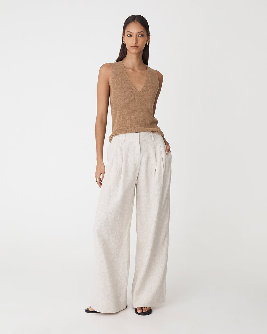 Ami Wide Leg Linen Pants in greige — full-length view