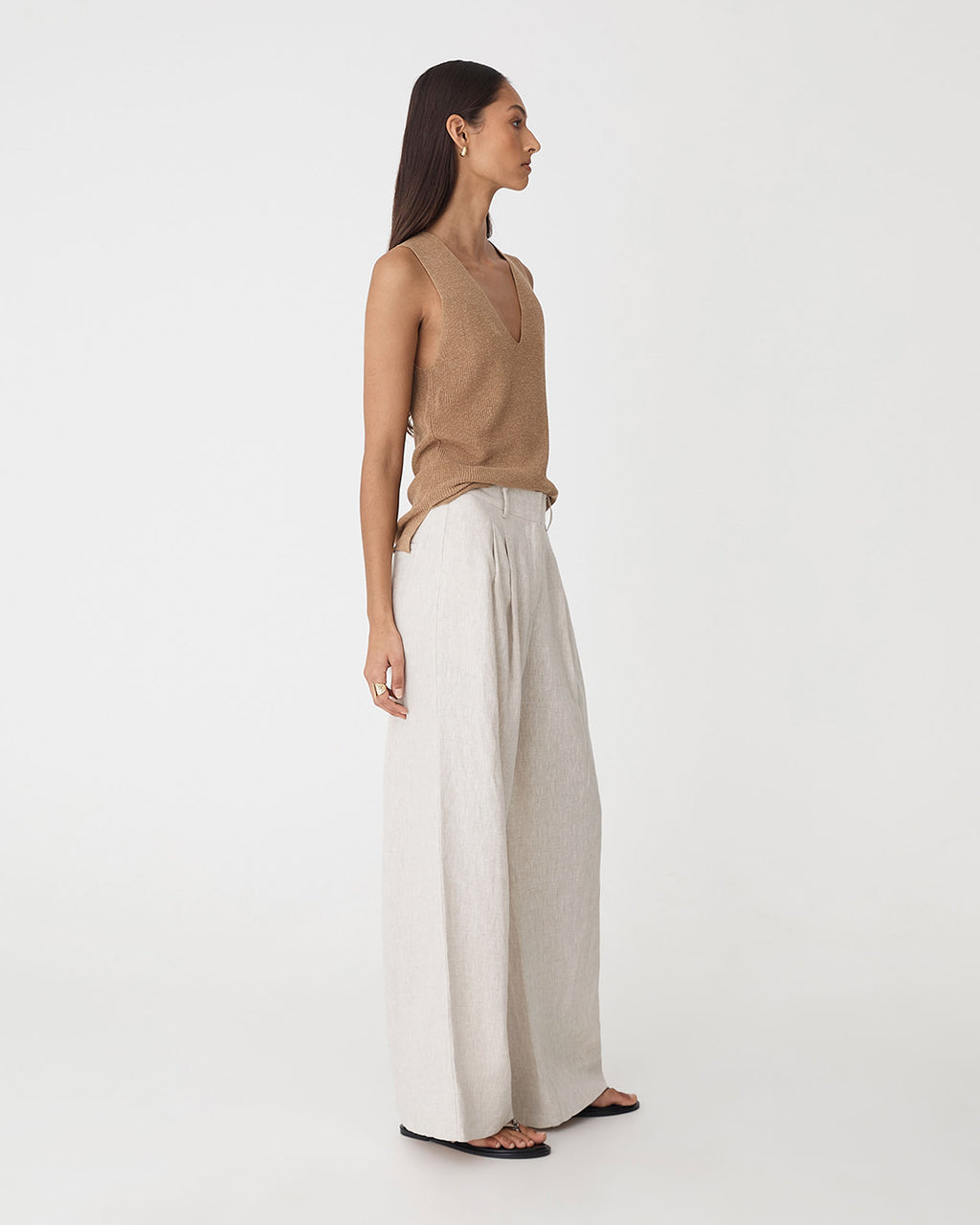 Ami Wide Leg Linen Pants in greige — side view