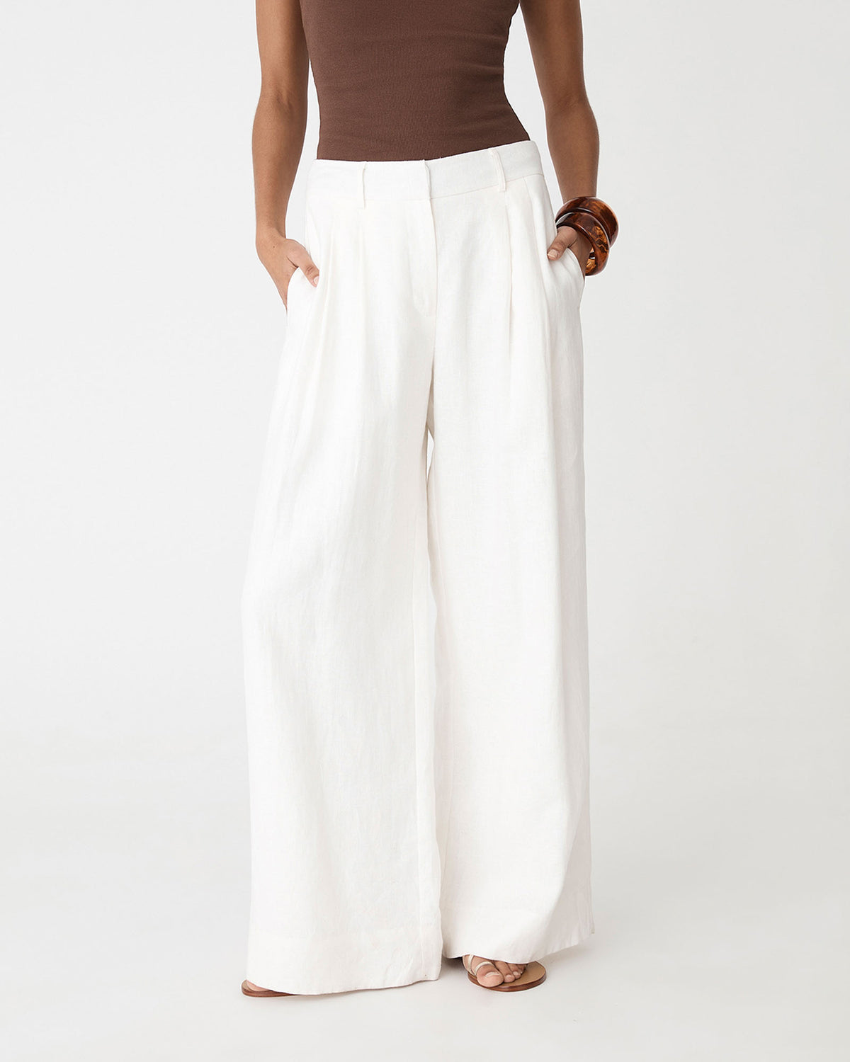 Ami Wide Leg Linen Pants in white — close-up view