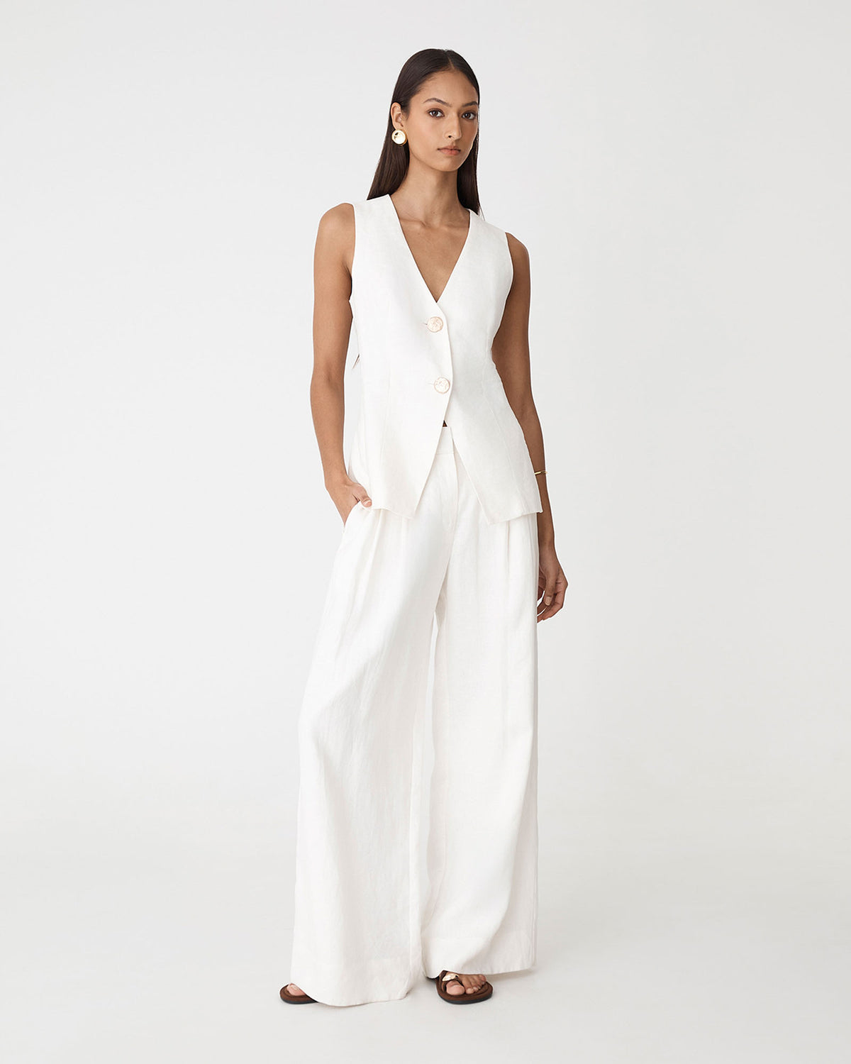 Ami Wide Leg Linen Pants in white — full-length view 2