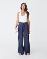 Ami Wide Leg Linen Pants in wash navy — full-length view