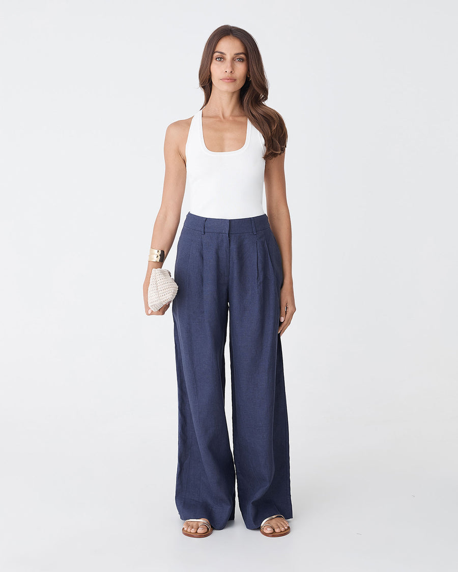 Ami Wide Leg Linen Pants in wash navy — full-length view