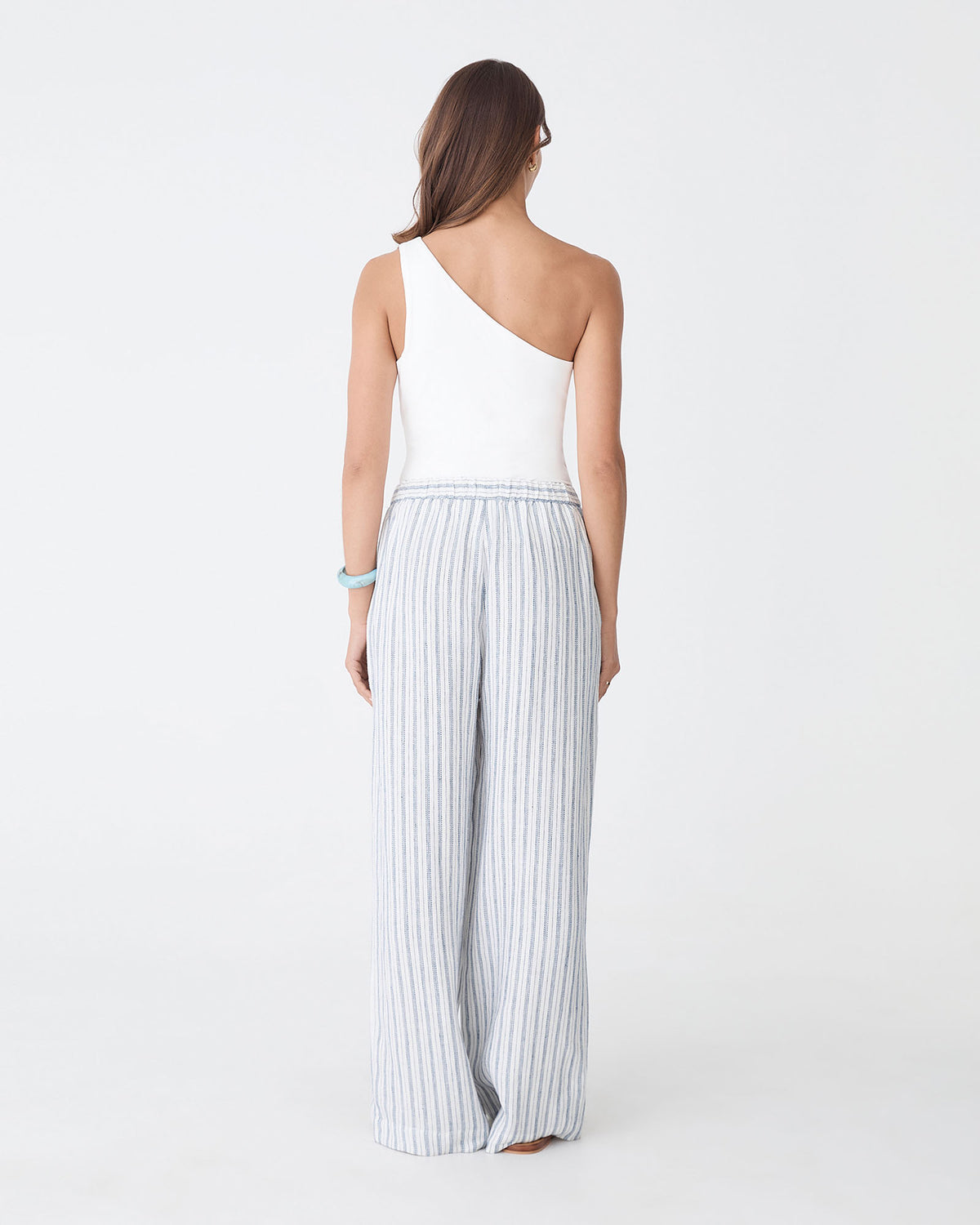 Milos Wide Leg Linen Pants in blue stripe — back view