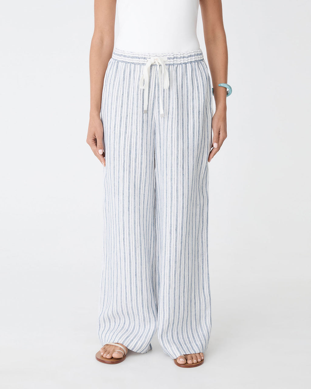 Milos Wide Leg Linen Pants in blue stripe — close-up view