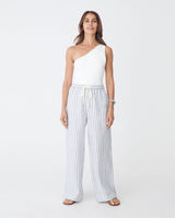 Milos Wide Leg Linen Pants in blue stripe — full-length view