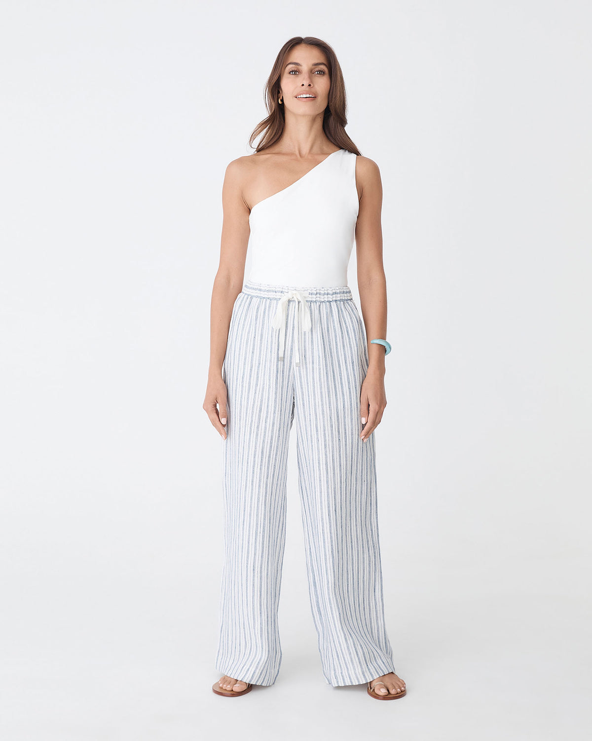 Milos Wide Leg Linen Pants in blue stripe — full-length view