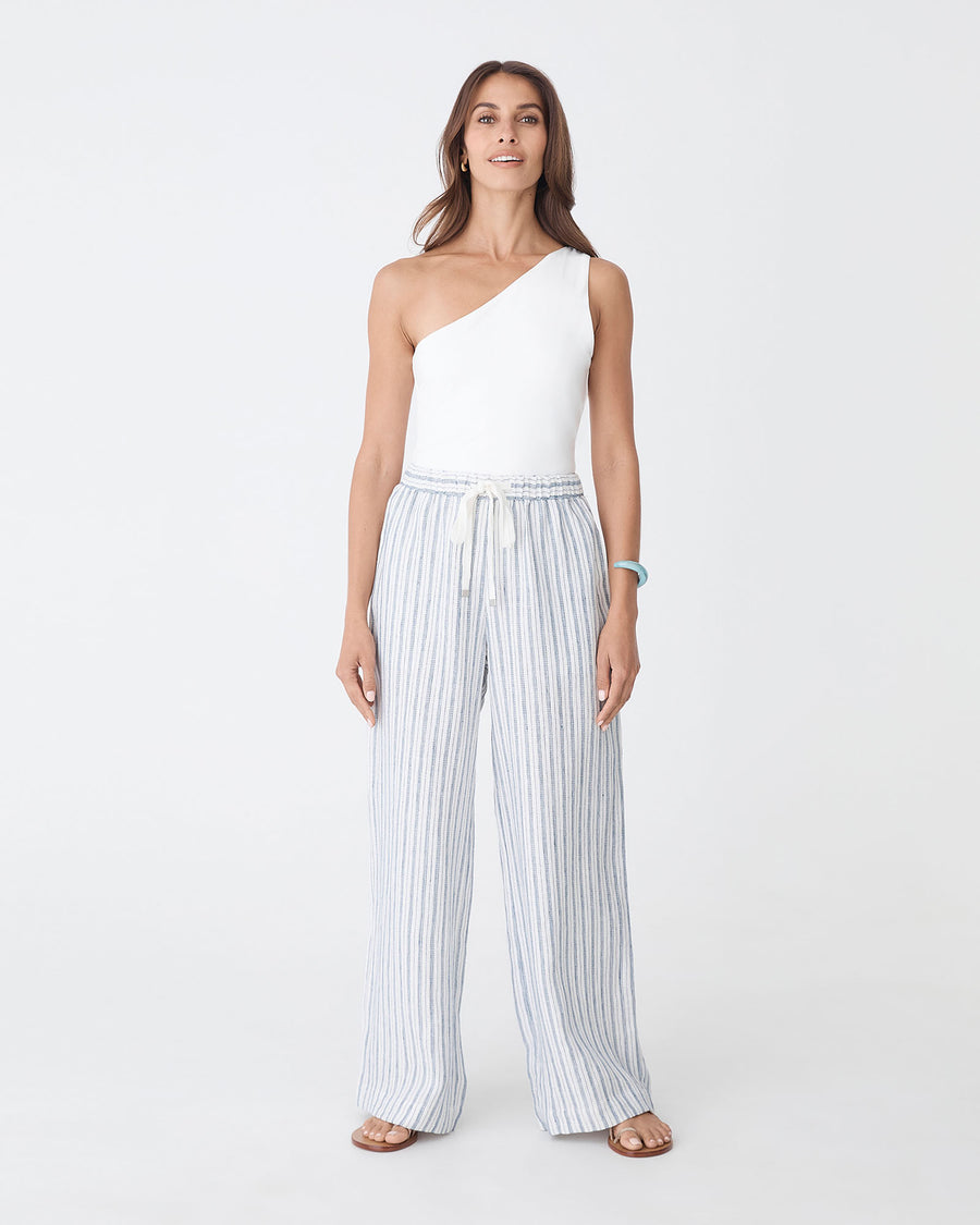 Milos Wide Leg Linen Pants in blue stripe — full-length view
