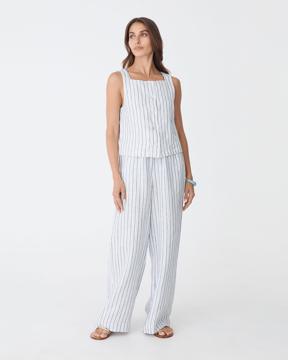 Milos Wide Leg Linen Pants in blue stripe — full-length view 2
