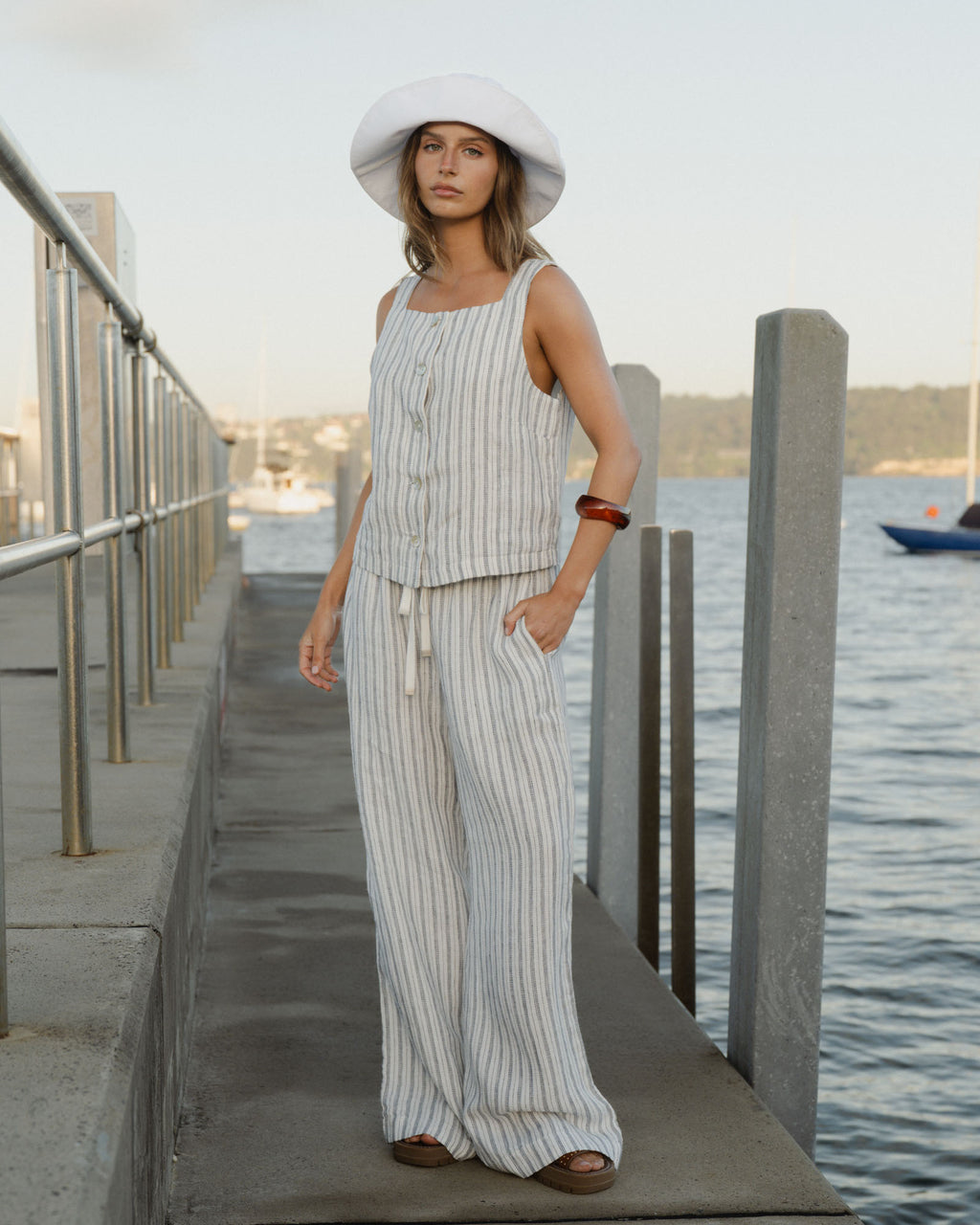 Milos Wide Leg Linen Pants in blue stripe — alternate view