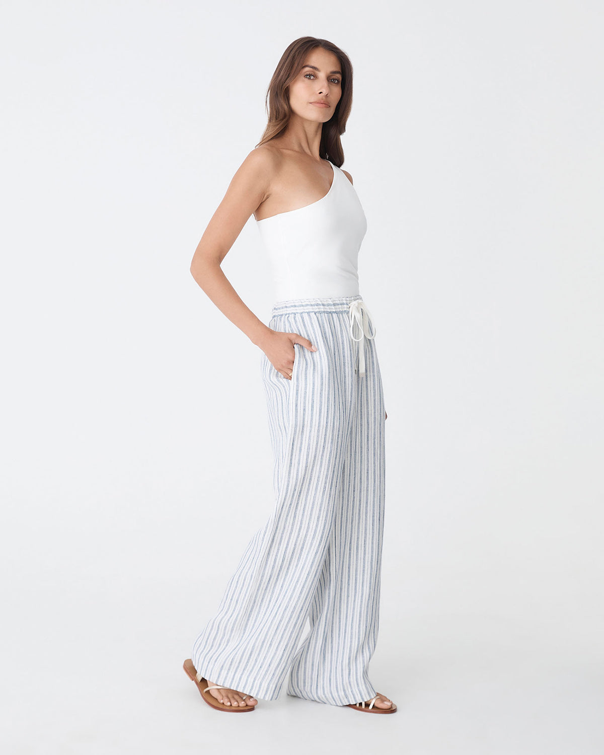 Milos Wide Leg Linen Pants in blue stripe — side view