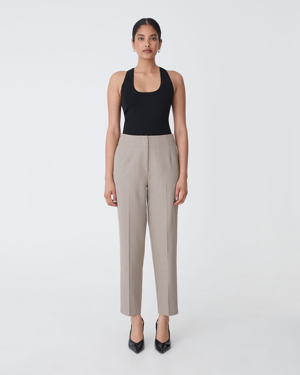 Mila Tapered Leg Pant in fawn — full-length view