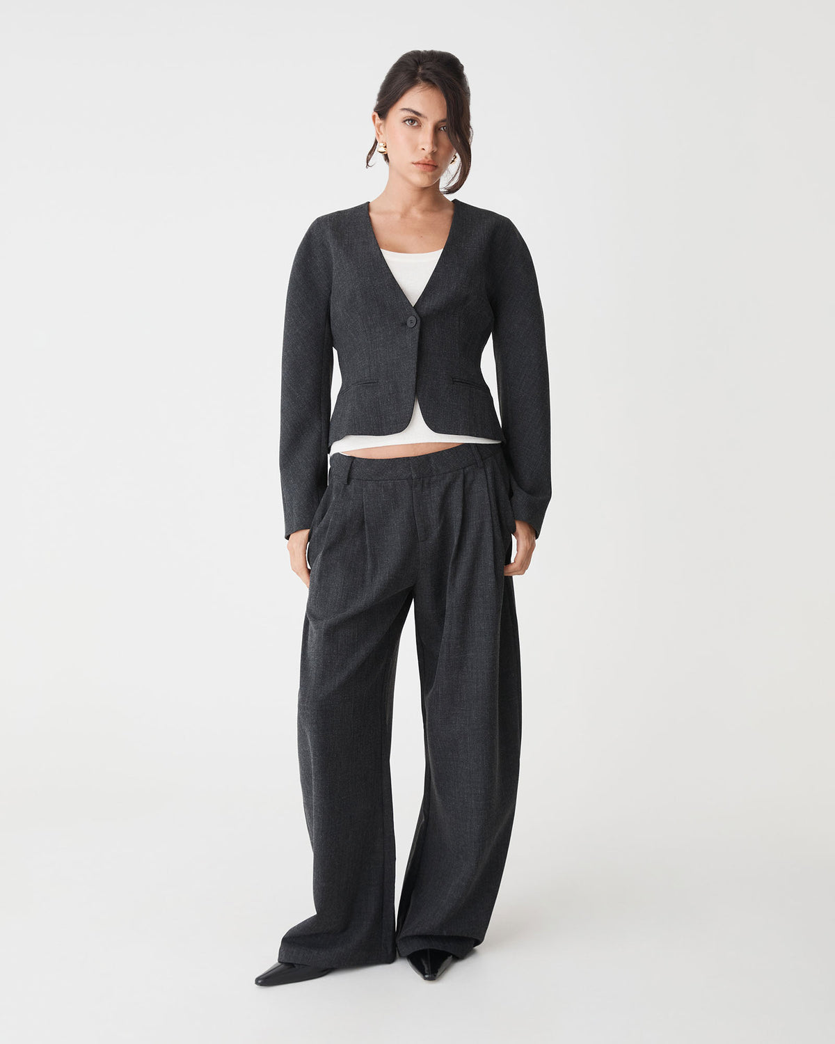 Pippa Barrel Leg Pant in charcoal — full-length view