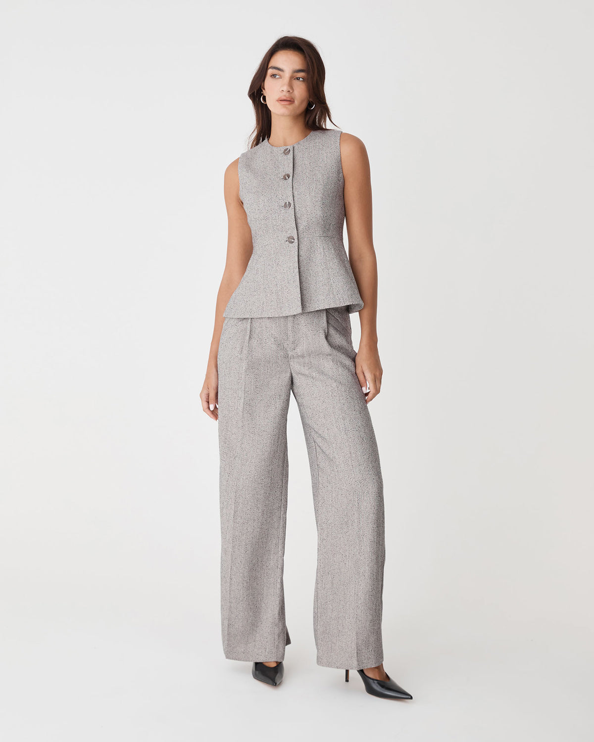 Nevada Herringbone Pants in salt pepper — full-length view