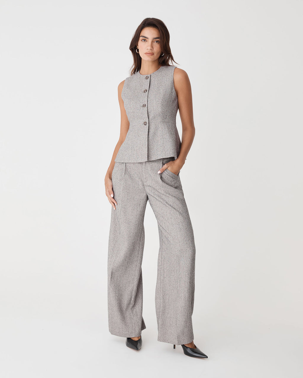 Nevada Herringbone Pants in salt pepper — full-length view 2