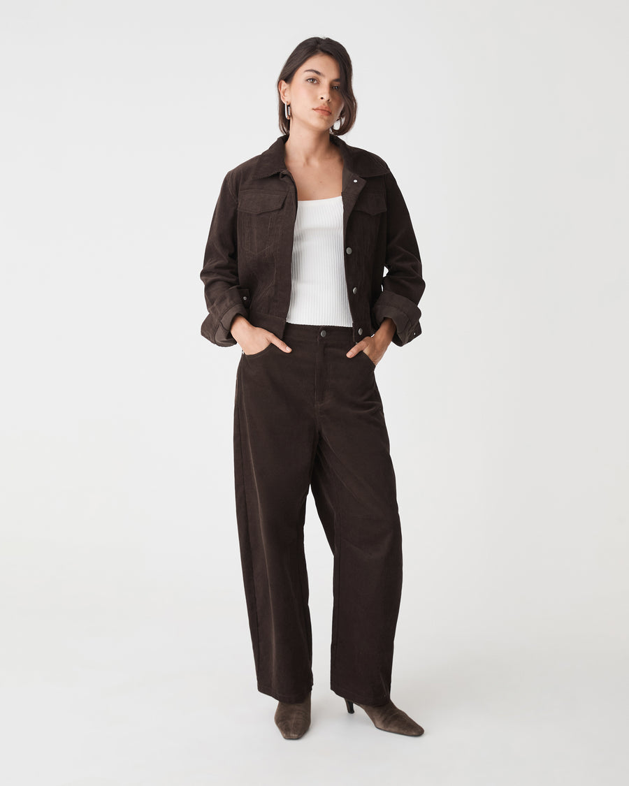 Nya Corduroy Barrel Leg Pants in chocolate — full-length view