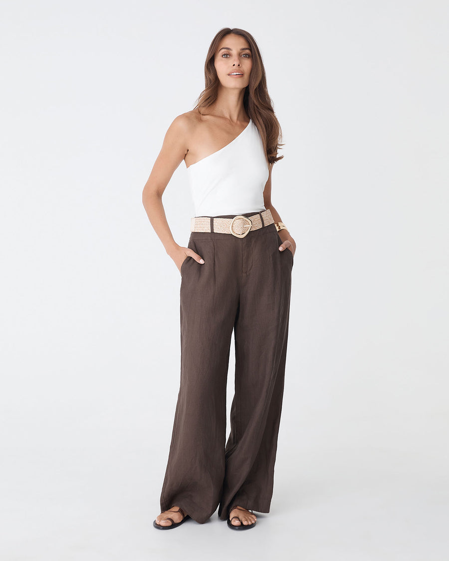 Ivy Linen Wide Leg Pants in chocolate — full-length view