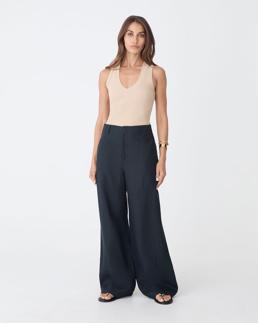 Ivy Linen Wide Leg Pants in washed black — full-length view