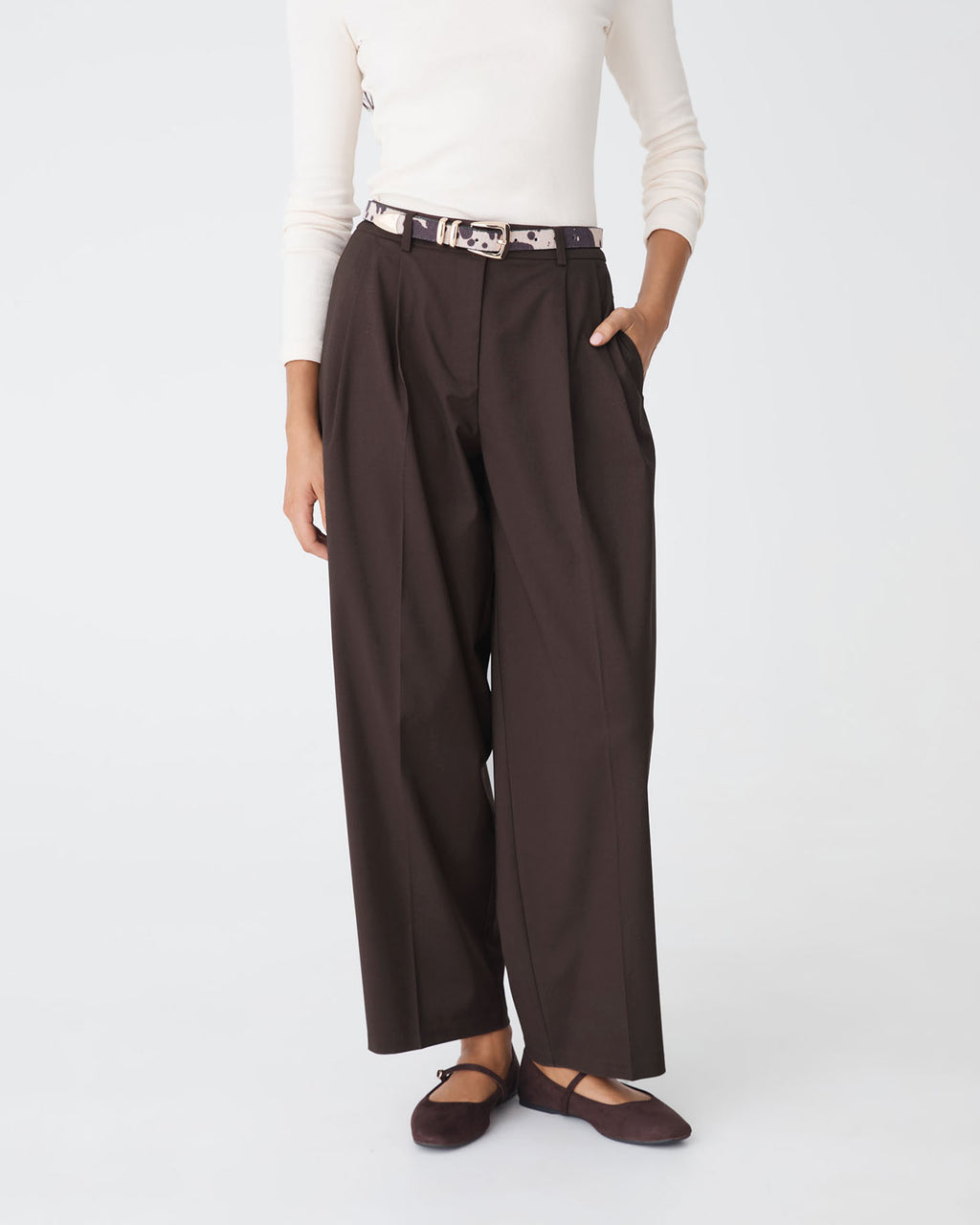 Matilda Relaxed Barrel Pants in chocolate — close-up view