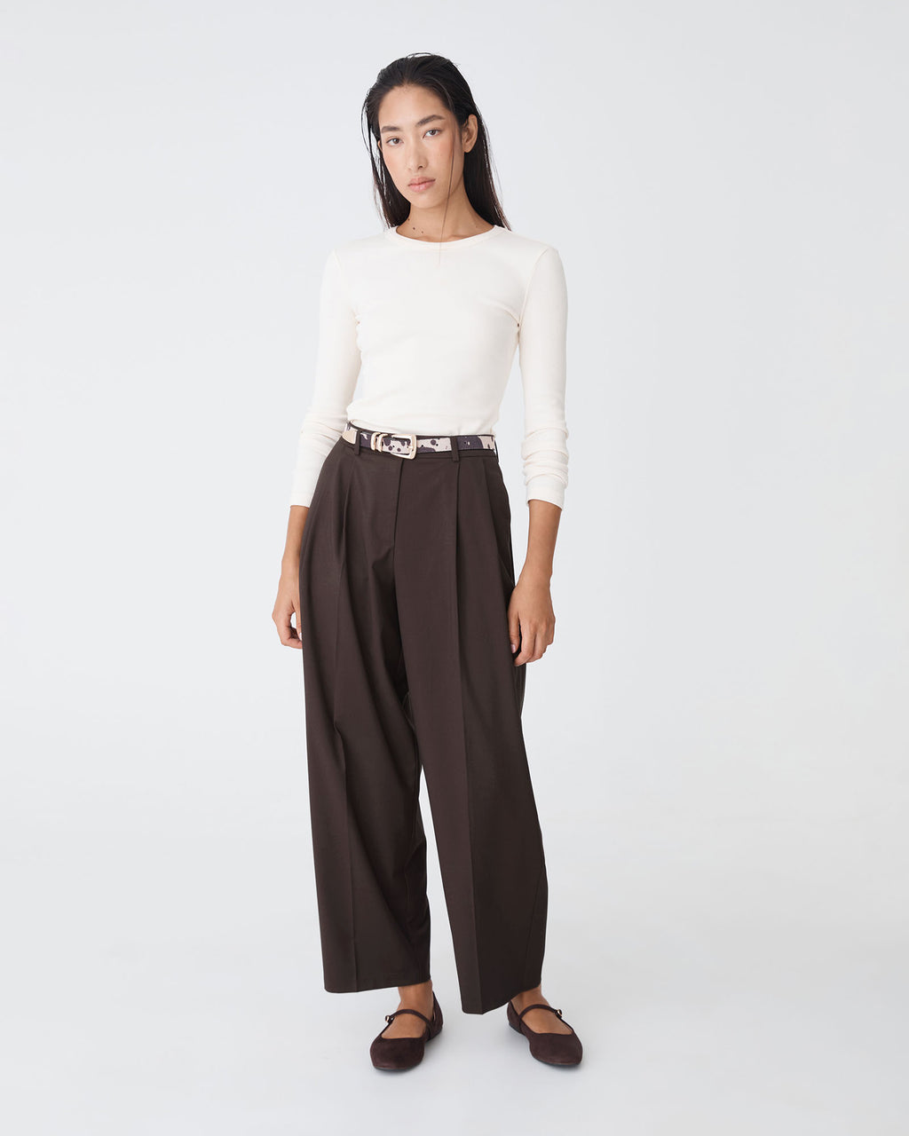 Matilda Relaxed Barrel Pants in chocolate — full-length view