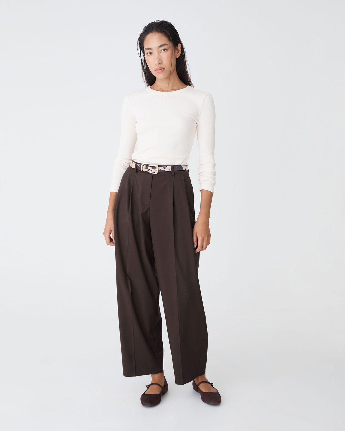 Matilda Relaxed Barrel Pants in chocolate — full-length view