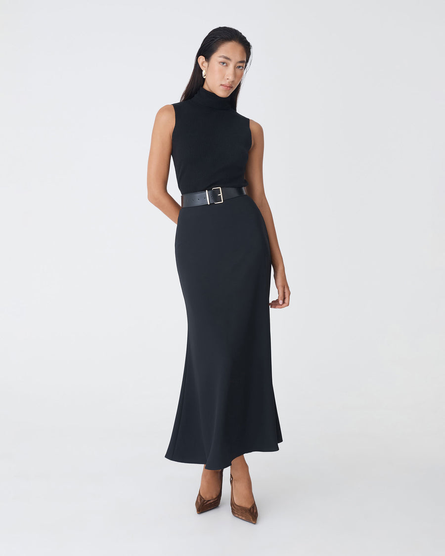 Caris Flared Maxi Skirt in black — full-length view