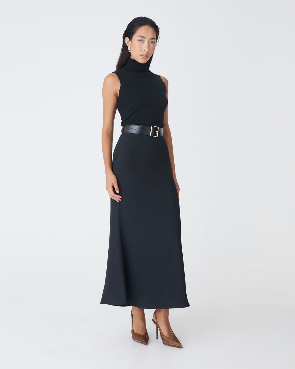 Caris Flared Maxi Skirt in black — side view