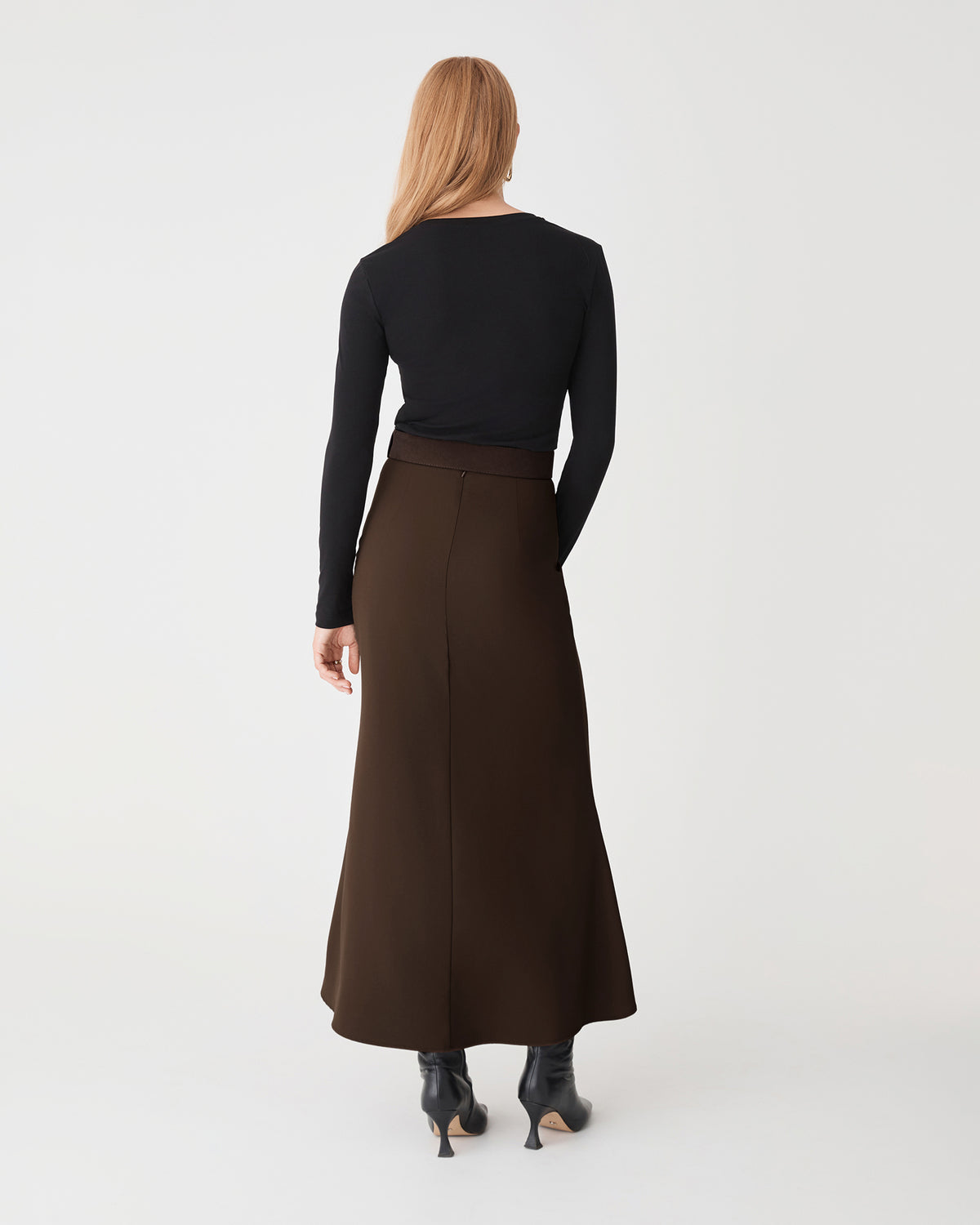 Caris Flared Maxi Skirt in chocolate — back view