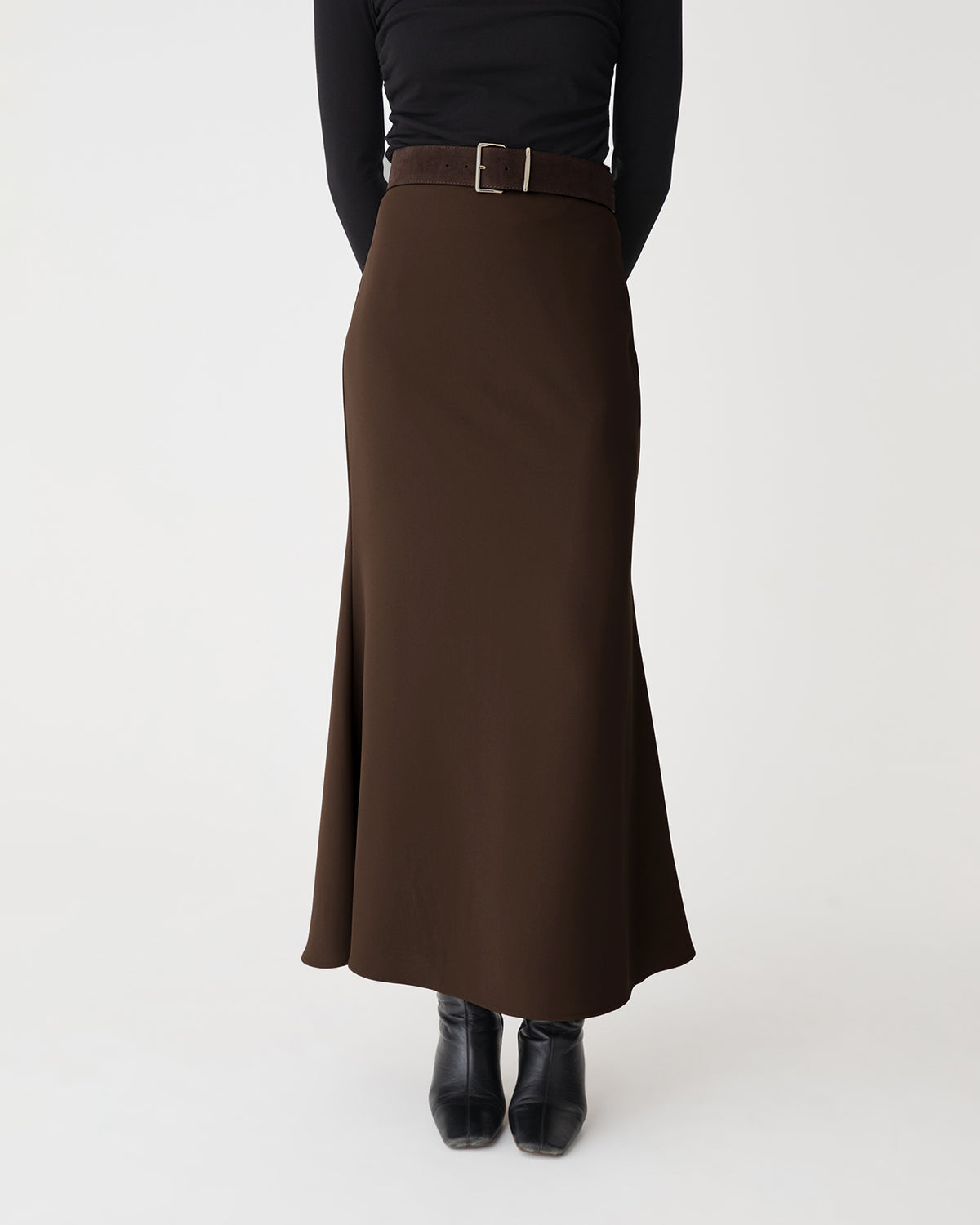 Caris Flared Maxi Skirt in chocolate — close-up view