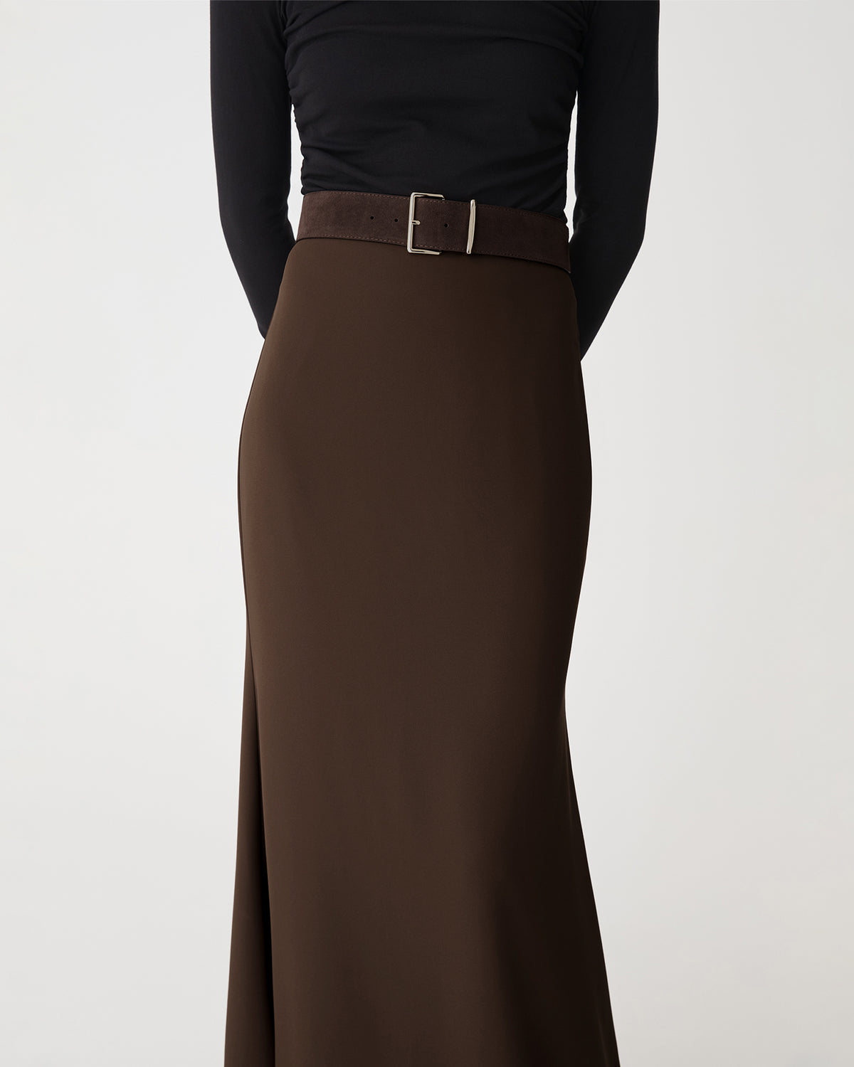 Caris Flared Maxi Skirt in chocolate — close-up view 2
